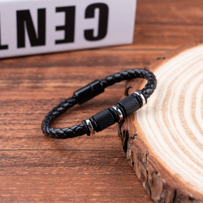 Bracelet homme simili cuir tresse noir