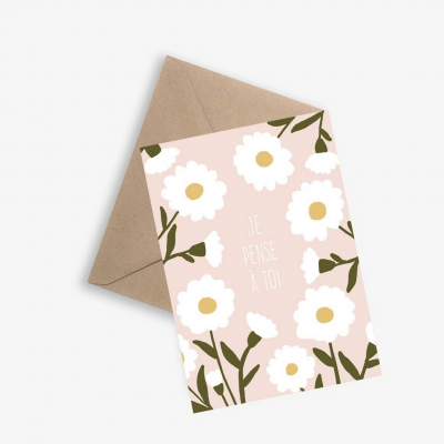 Carte enveloppe kraft je pense a toi fleurs 