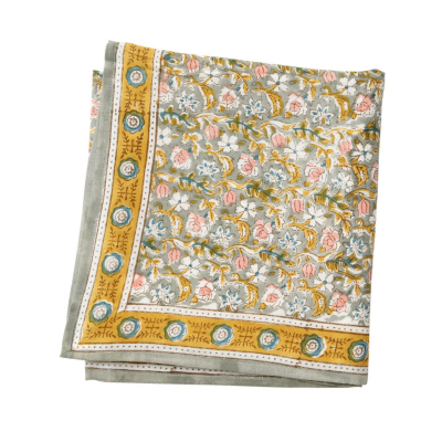 Foulard imprime fleurs indiennes absynthe vert de gris coton 01