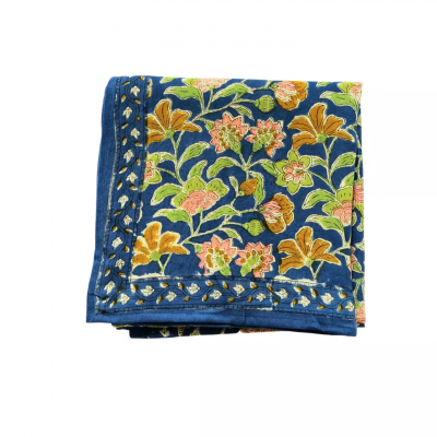 Foulard imprime fleurs indiennes bohemian blue green coton 01